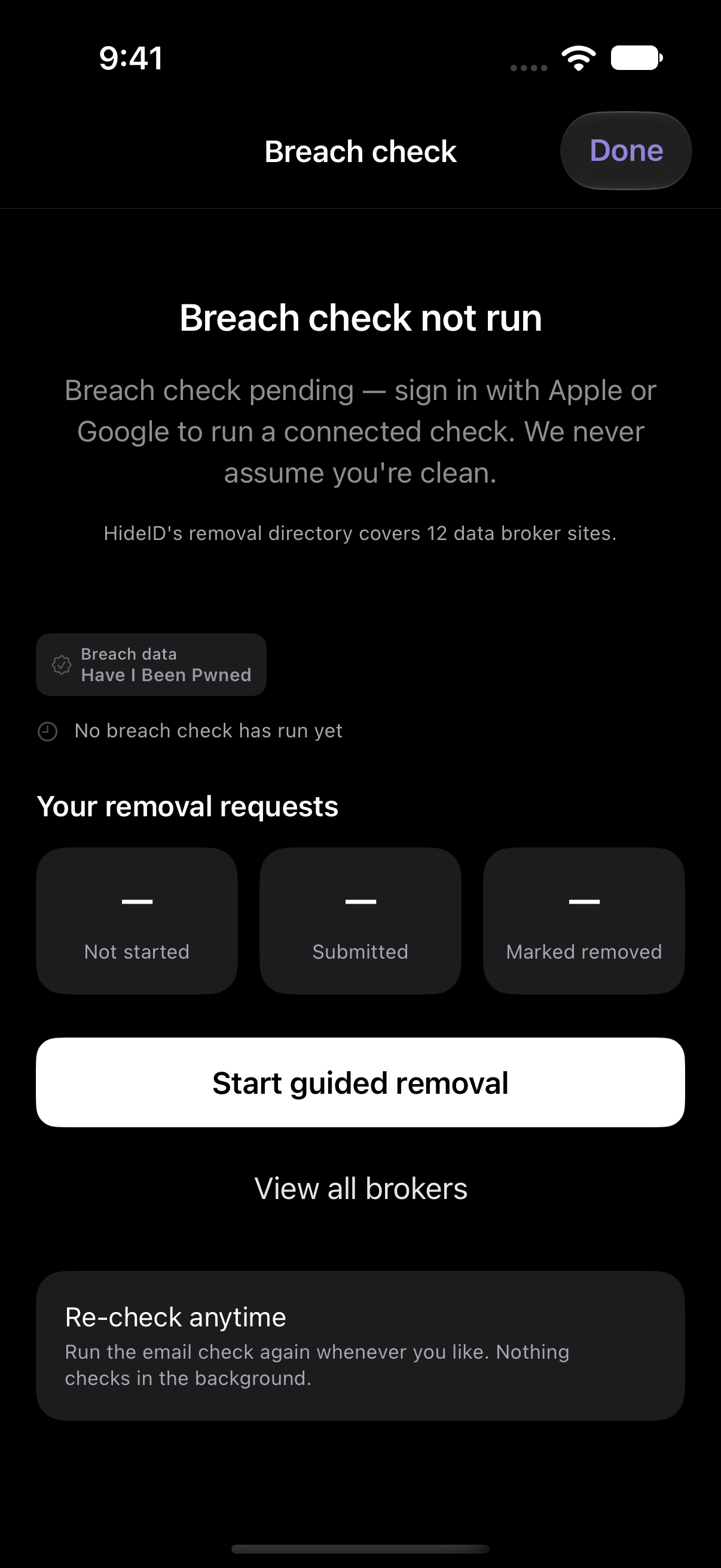 HideID breach check saying no check has run yet